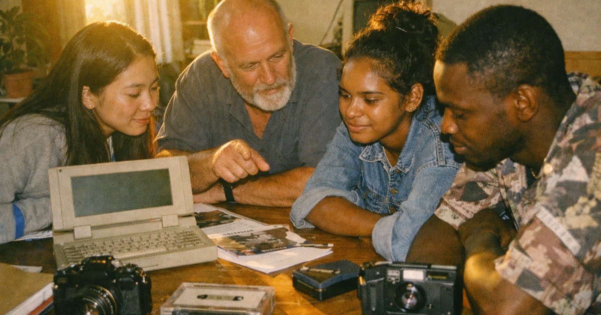 Diverse team collaborating in a tech startup, embodying inclusivity and innovation in a retro 90s film style.