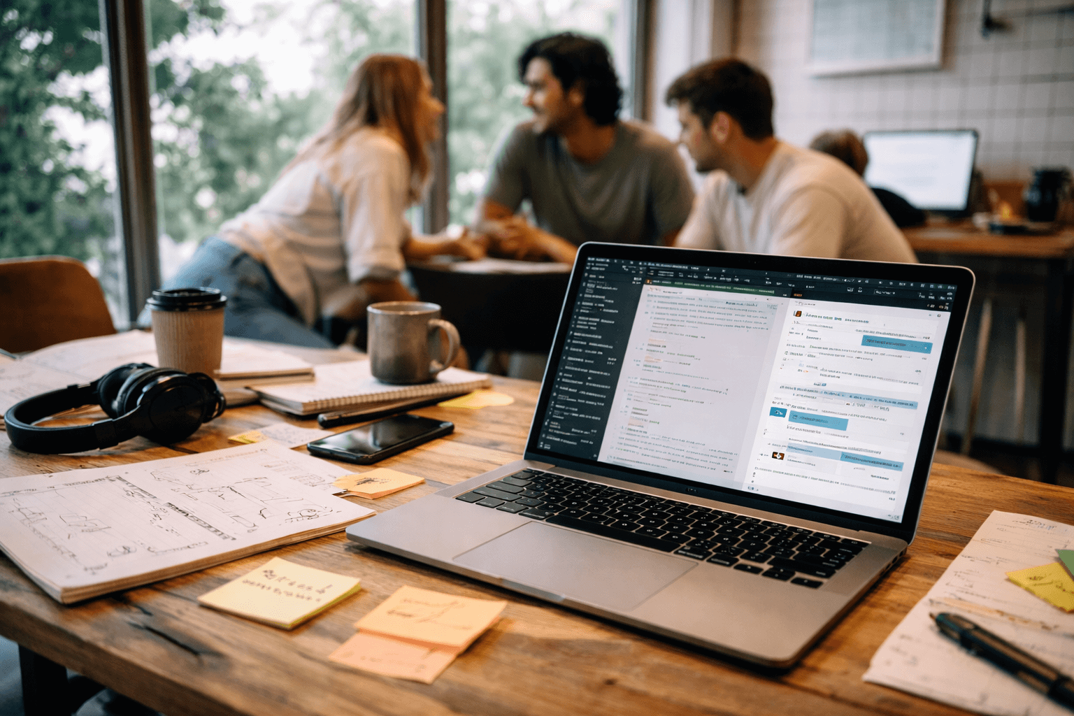 Founders collaborating in an office with laptops and AI tools