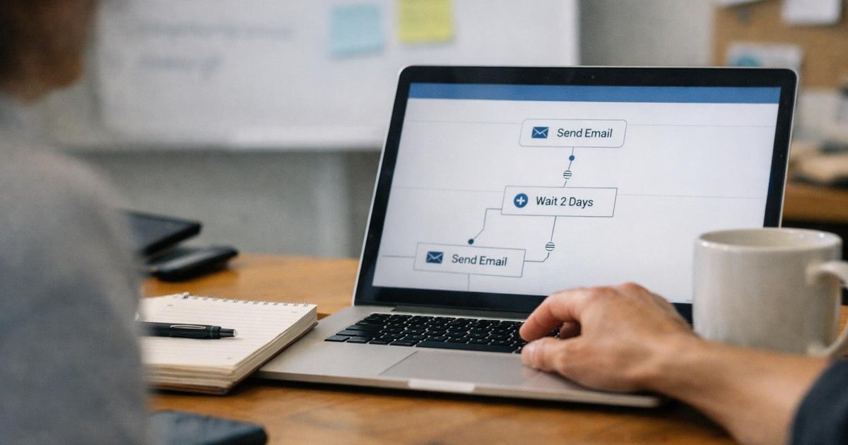 Marketing team configuring automated email workflows and lead nurturing sequences inside a marketing automation platform on a desktop screen