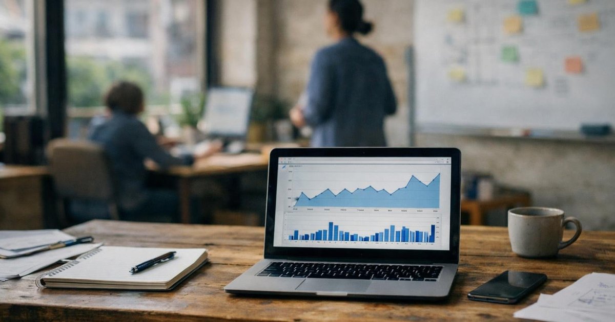 Laptop displaying Google Form submission metrics alongside a CRM workflow showing lead handoff stages from form fill to sales follow-up