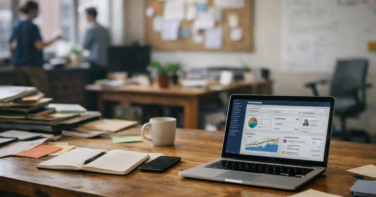 Business owner and sales manager reviewing a CRM platform on a laptop, with contact records, pipeline stages, and customer interaction logs visible on screen