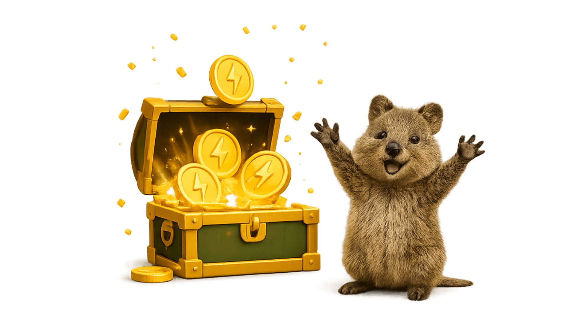 Prize chest with gold Watt coins and a quokka celebrating