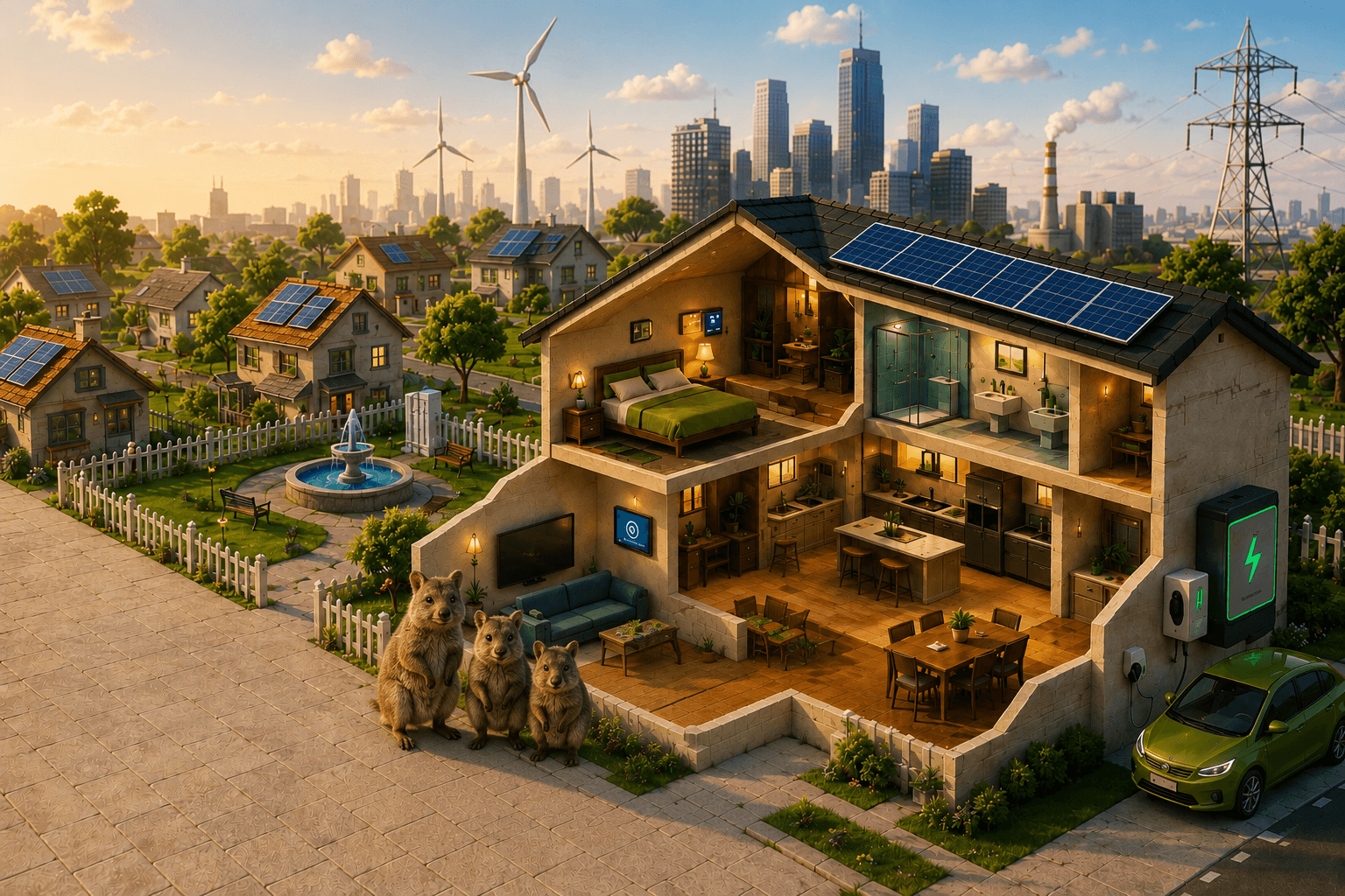 Smart solar homes with a cleaner city grid in the background