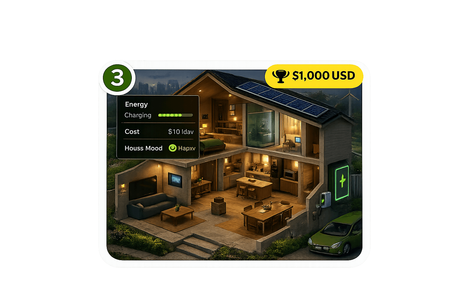 Smart home simulation with energy, cost and house mood controls