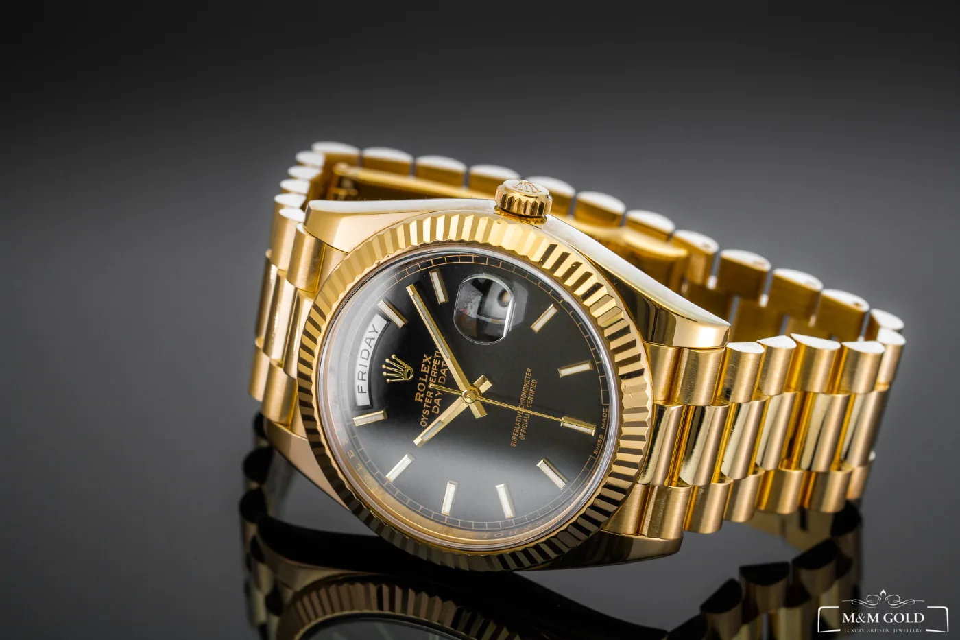 Rolex Day-Date 40 228238, czarna tarcza, 18-karatowe żółte złoto