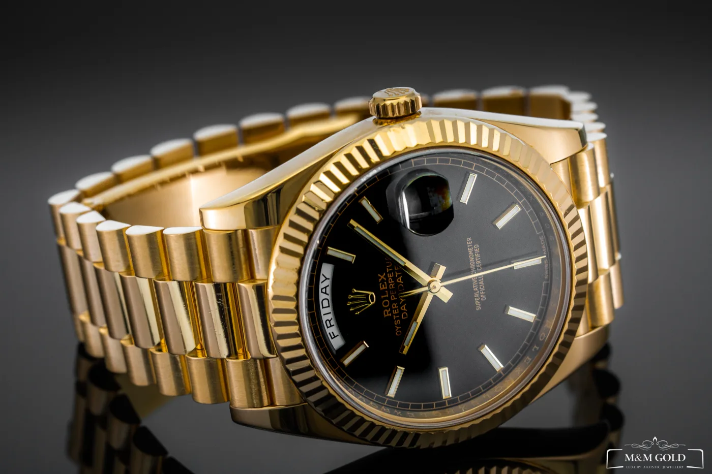 Rolex Day-Date 40 228238, czarna tarcza, 18-karatowe żółte złoto