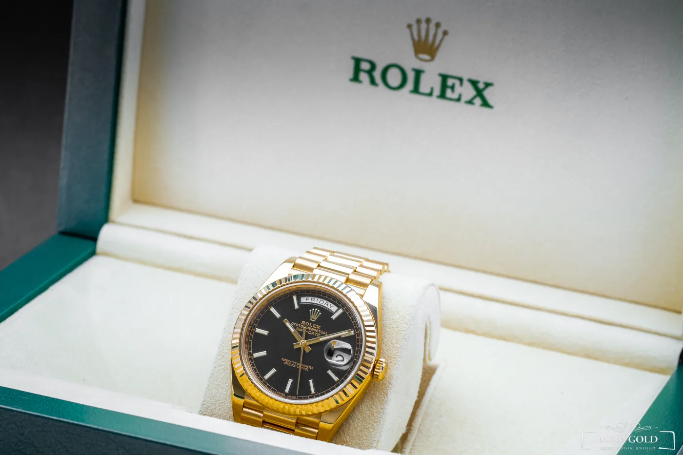 Rolex Day-Date 40 228238, czarna tarcza, 18-karatowe żółte złoto