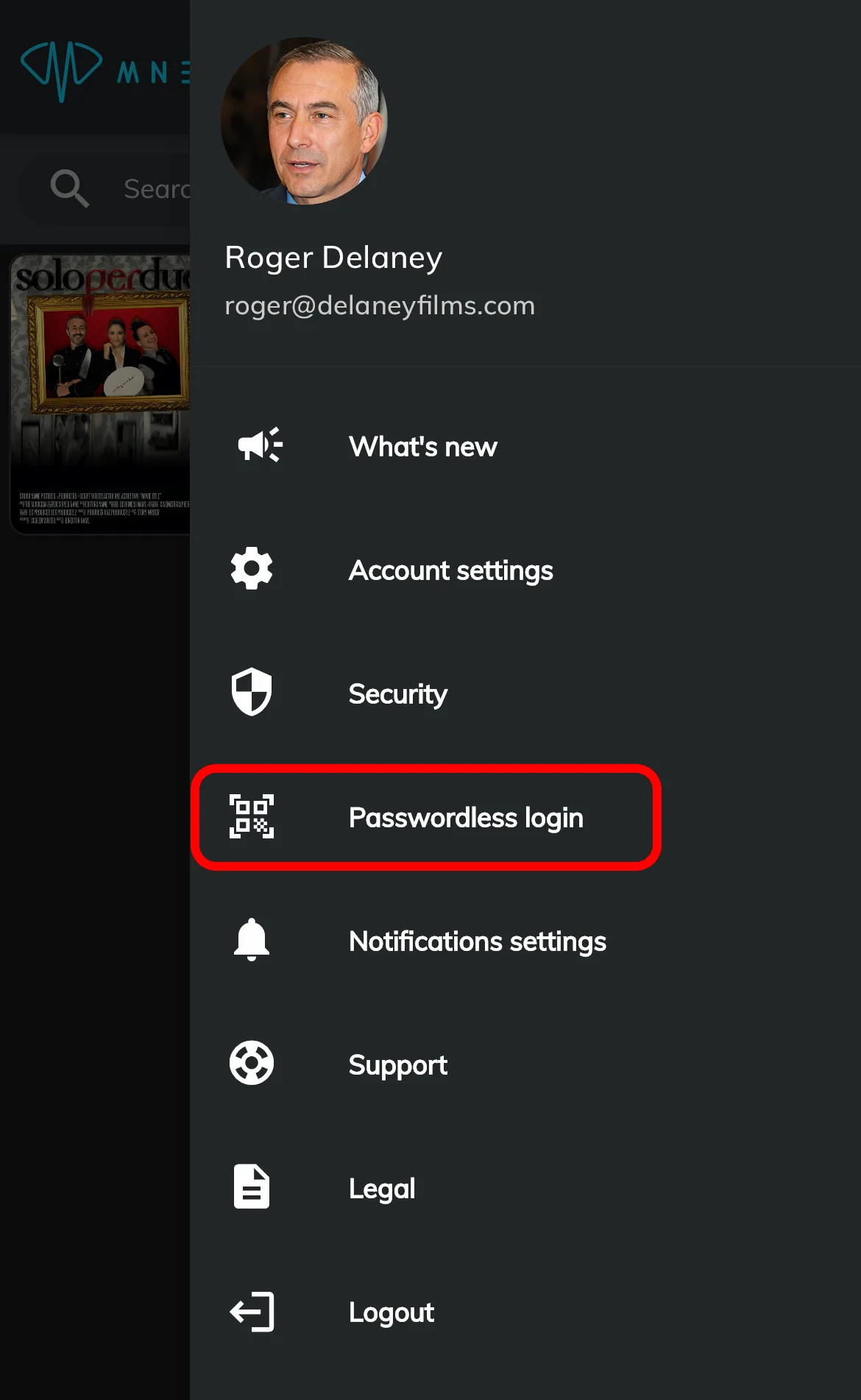 Passwordless login in the App user menu