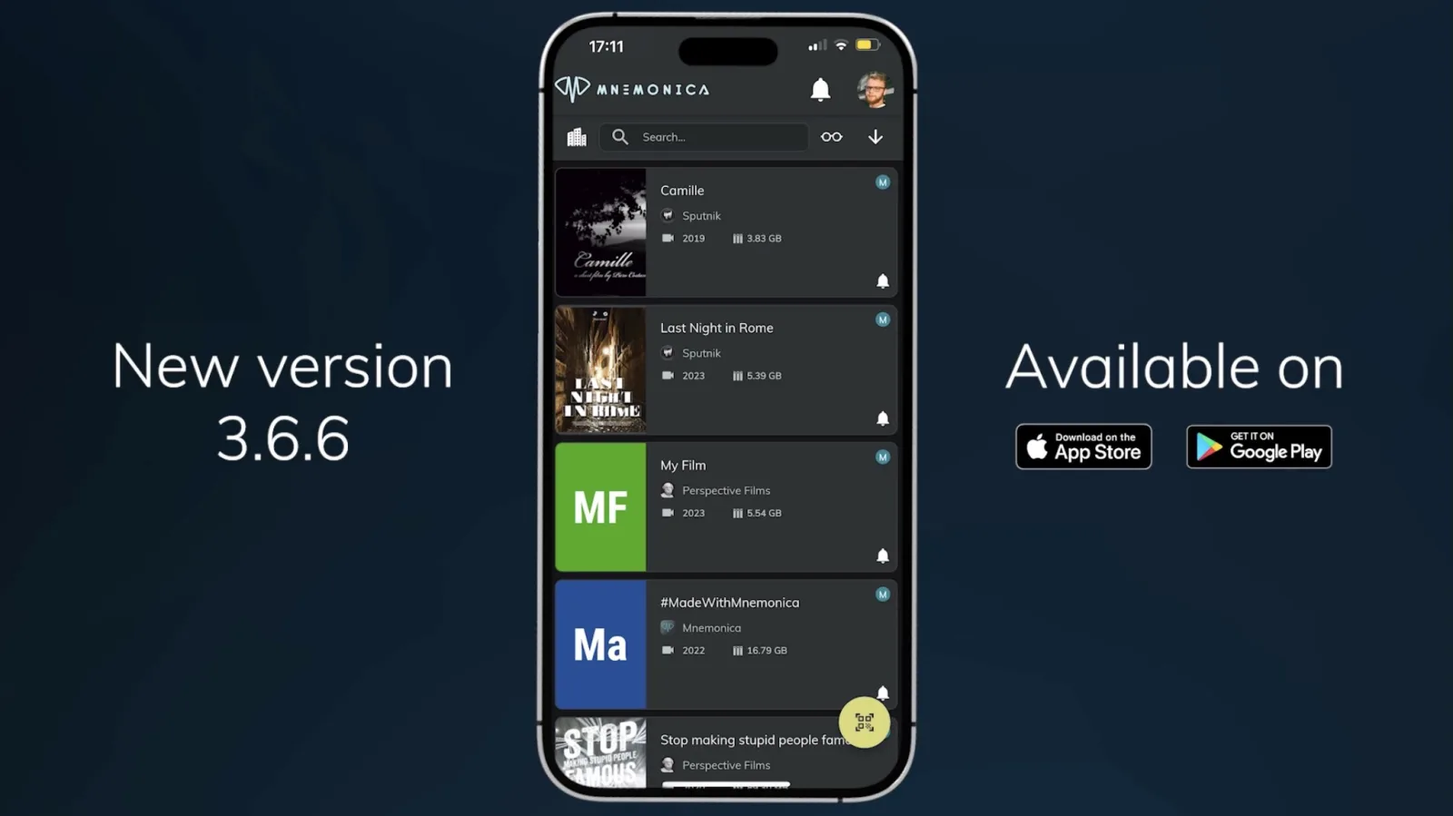 Mnemonica mobile app 3.6.6 on an iPhone, showing the projects list, with App Store and Google Play badges