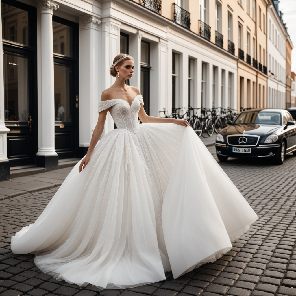 Strapless, wide-skirted elegant white wedding dress, with a street background.