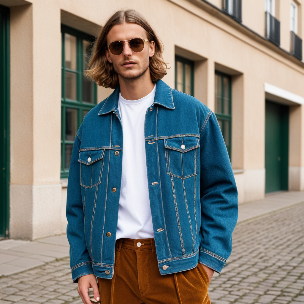 Blue denim jacket and white t-shirt, with an urban street background.t