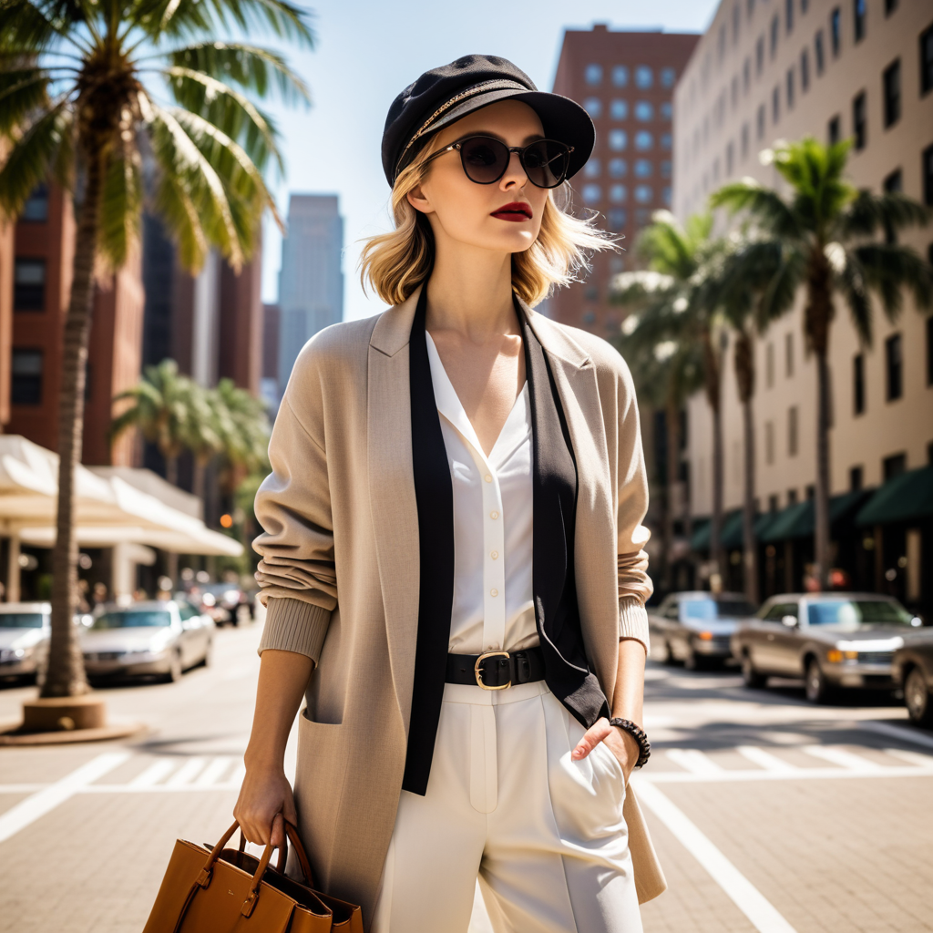 White pantsuit and sunglasses, with a city center background.