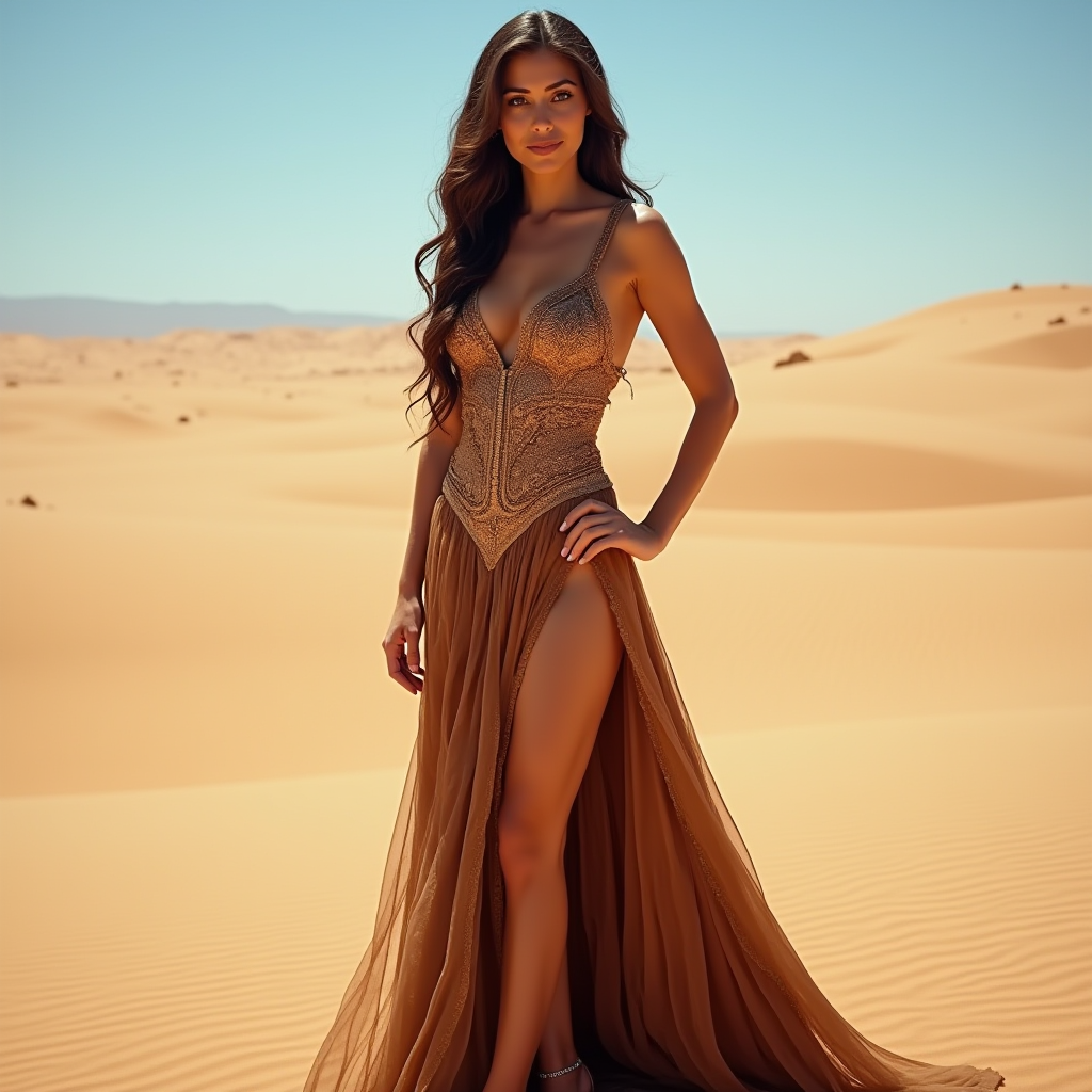 Golden-toned, slit evening gown, with a desert background.