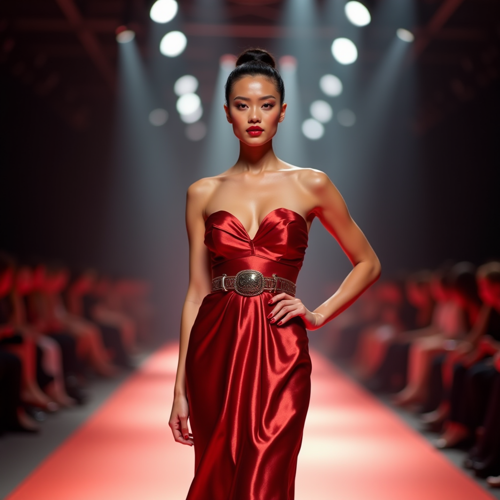 Red strapless evening gown, at a fashion show.