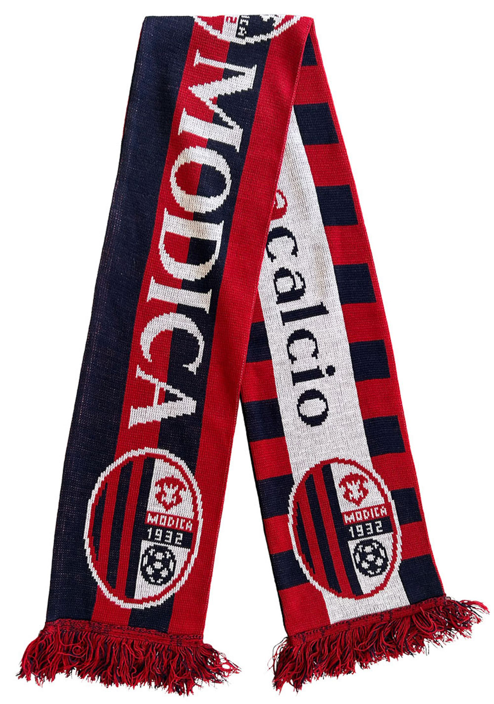 Sciarpa ricamata ufficiale Modica Calcio 1932 rossa e blu con scritta MODICA, stemma e frange 1