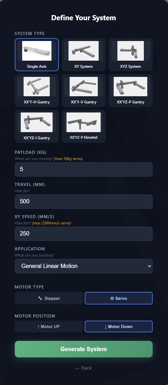 AI System Builder — define payload, travel, speed and generate a complete motion system