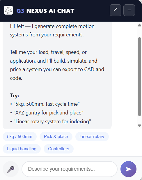 G3 NEXUS AI Chat greeting screen with example prompts