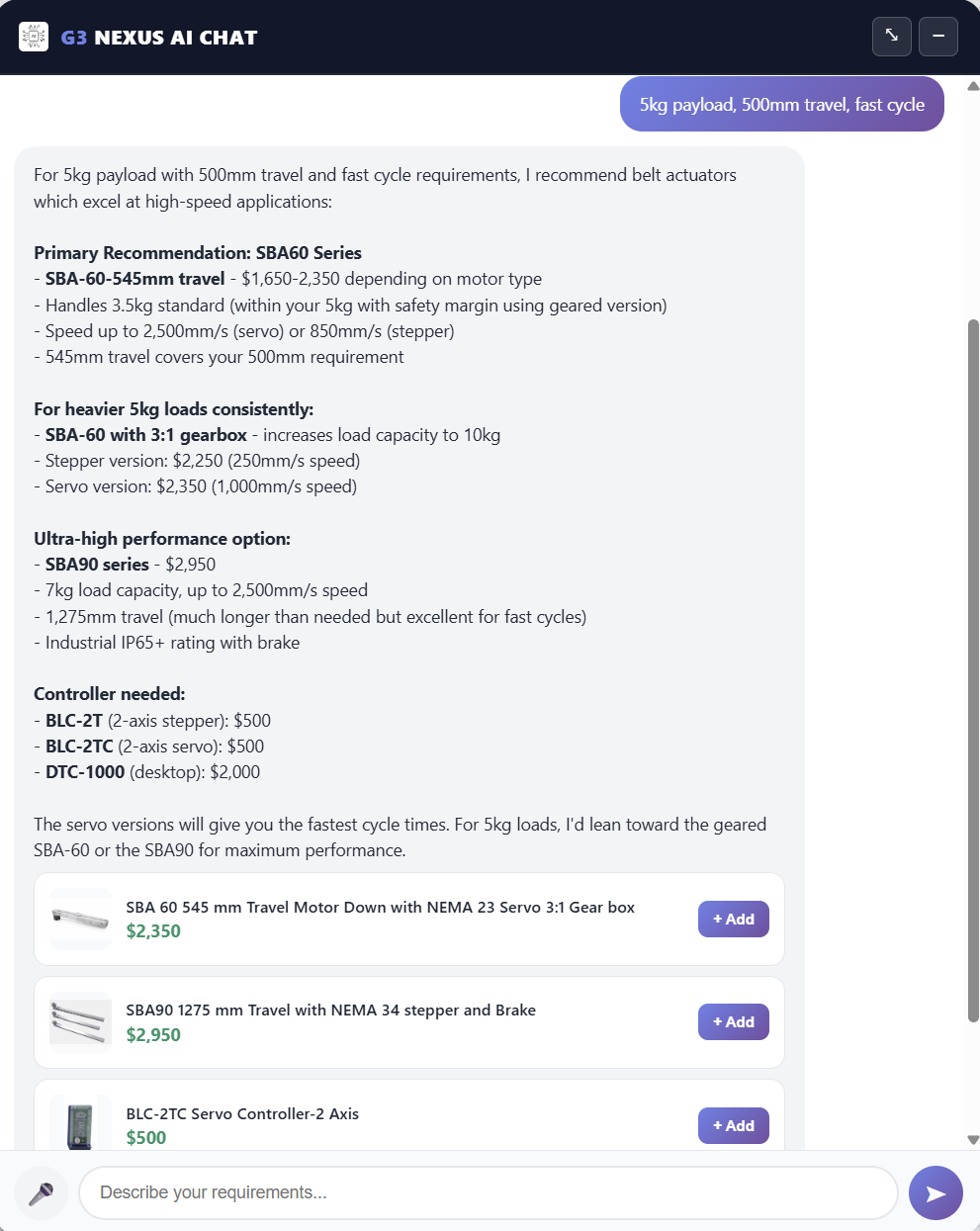 G3 NEXUS AI Chat returning a system recommendation with parts and Add buttons