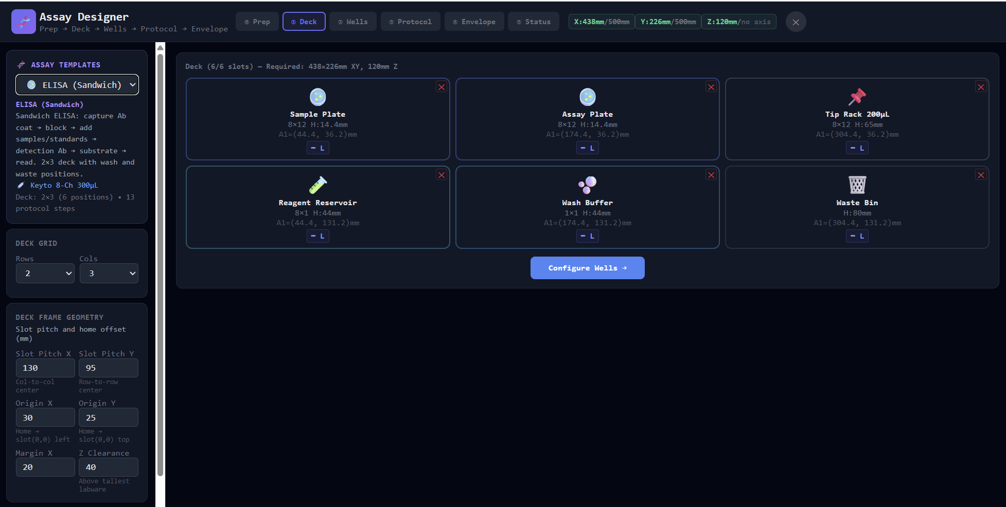 Assay Designer-AI showing 5-phase liquid handling protocol workflow with 96-well plate layout