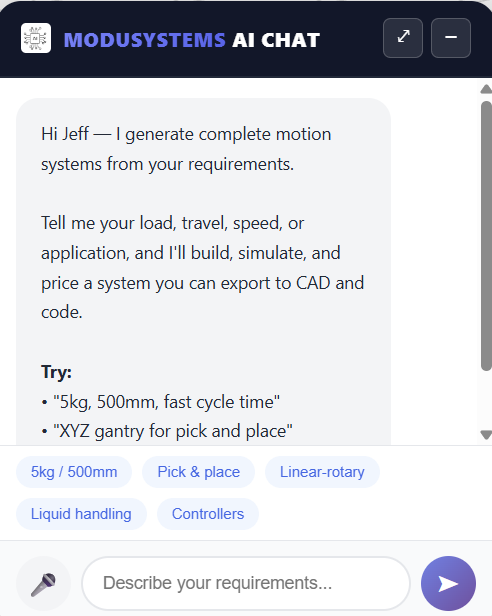 ModuSystems AI Chat greeting screen with example prompts