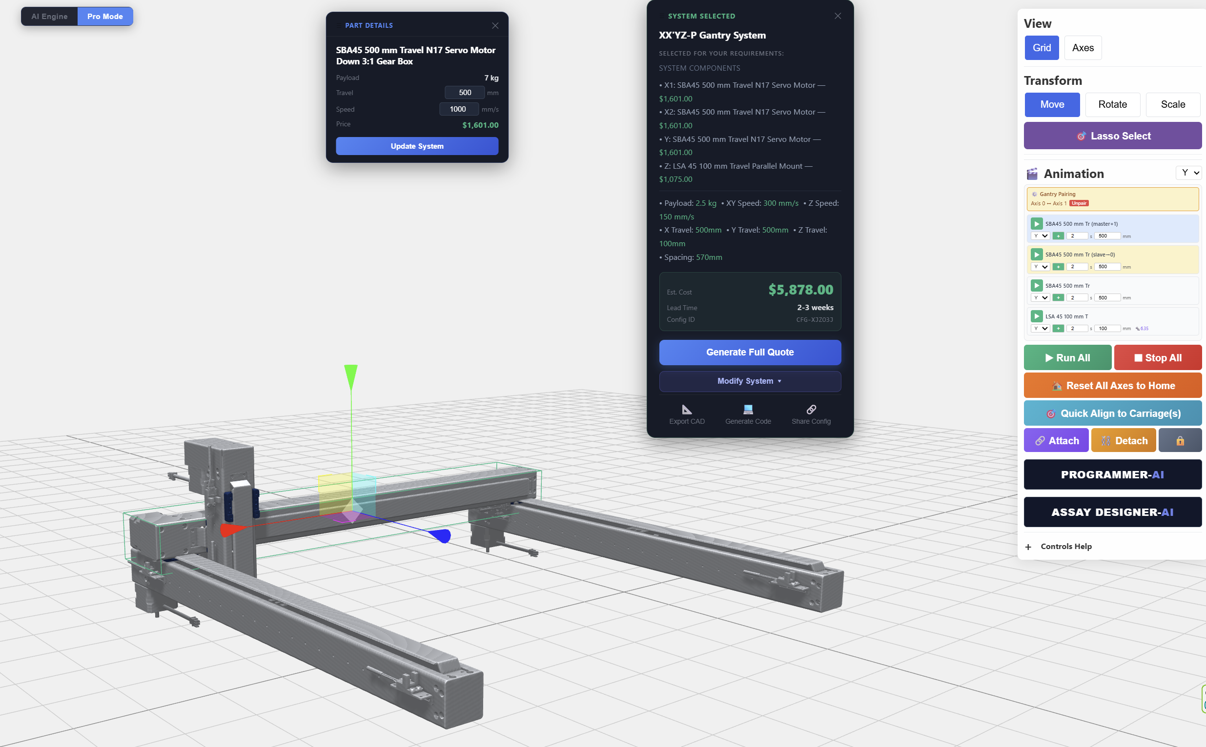 Multi-axis gantry system assembled in 3D with part details and live pricing