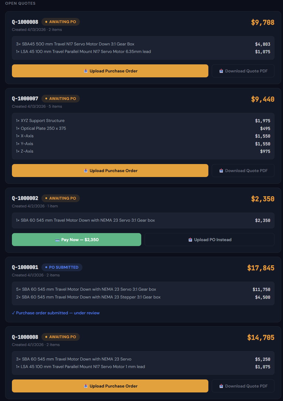 Order portal showing open quotes with purchase order upload and payment options