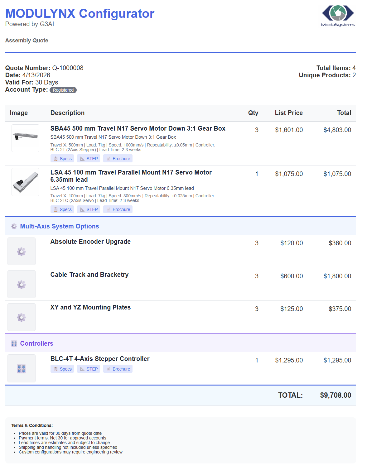 Professional quote document with itemized pricing, product images, and terms