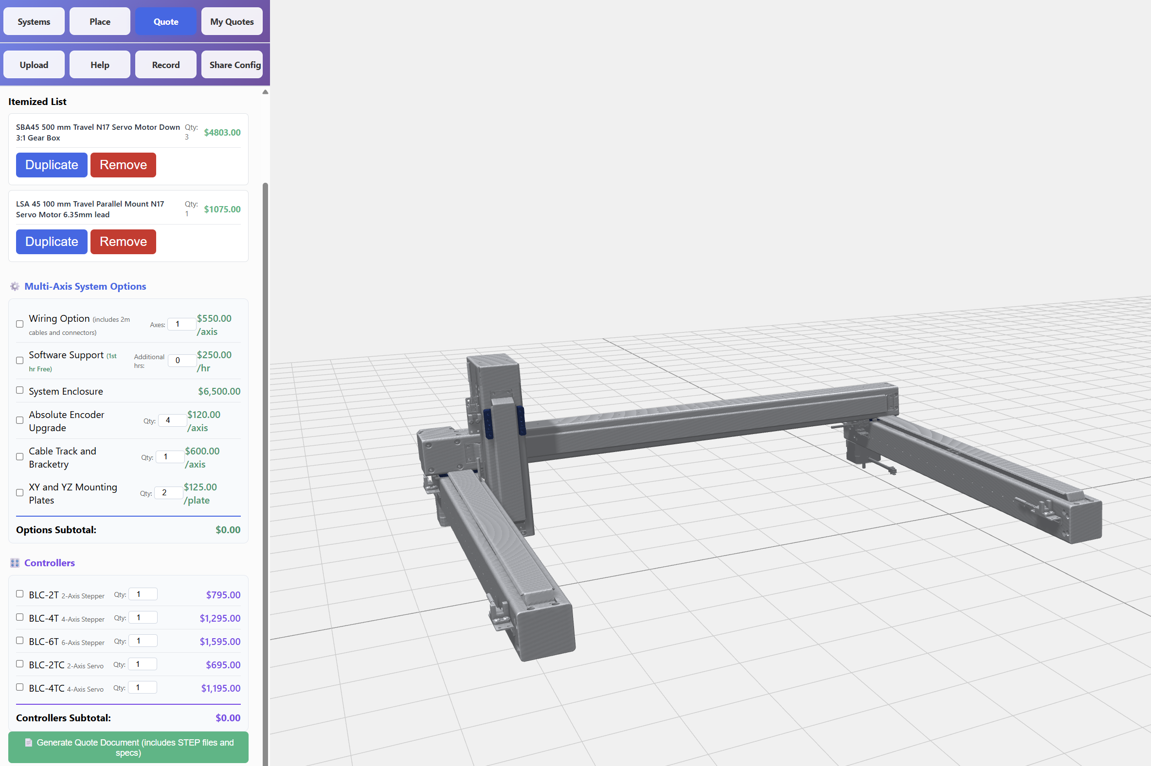 Live quoting panel with itemized pricing, system options, and 3D assembly view