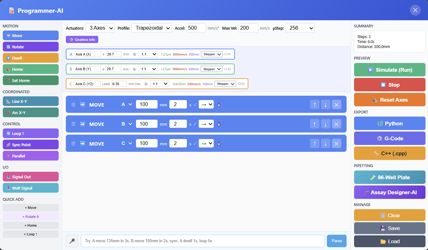 Programmer-AI sequence editor for multi-axis motion programming with code export