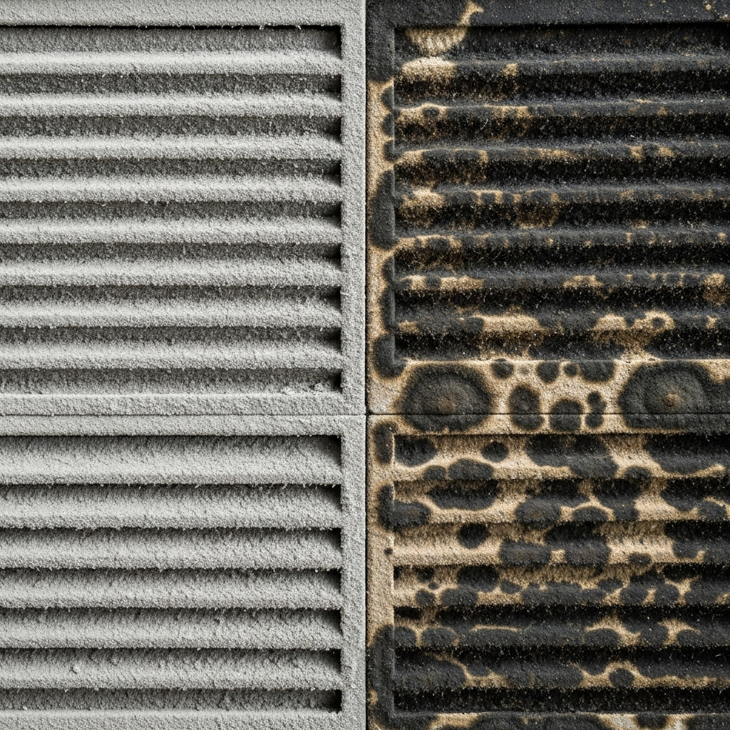 A visual comparison эффекты of dust versus mold on an air vent cover.