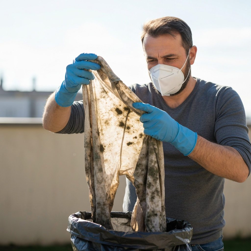 Homeowner safely preparing to dispose of a heavily molded piece of clothing outdoors to prevent spreading spores.
