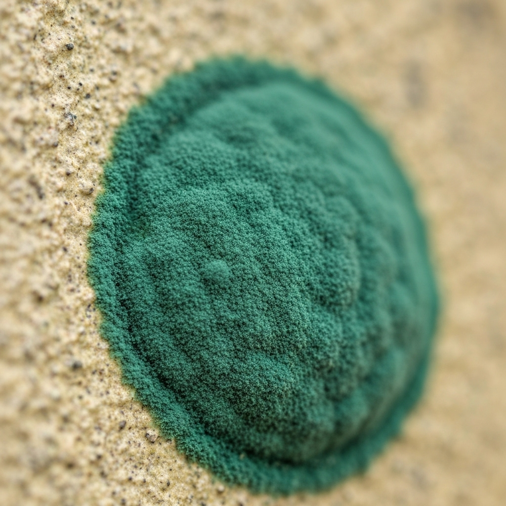 Fuzzy green and blue mold, likely Penicillium or Aspergillus, on a damp surface.