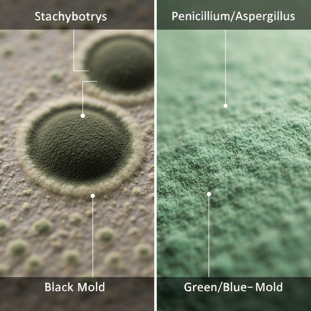Comparison of black mold Stachybotrys versus common fuzzy Penicillium mold.