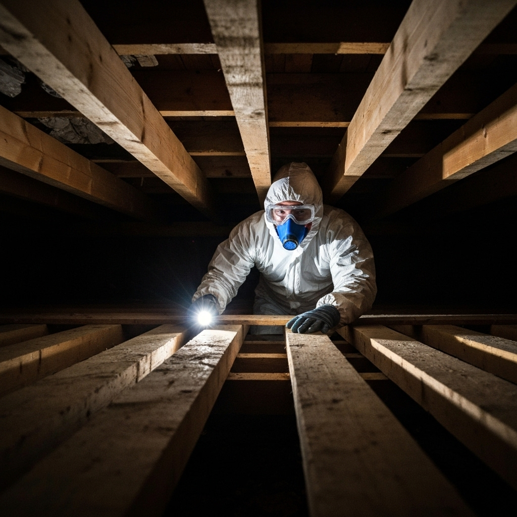 Homeowner wearing a mask and gloves inspecting a crawlspace for mold with a flashlight.