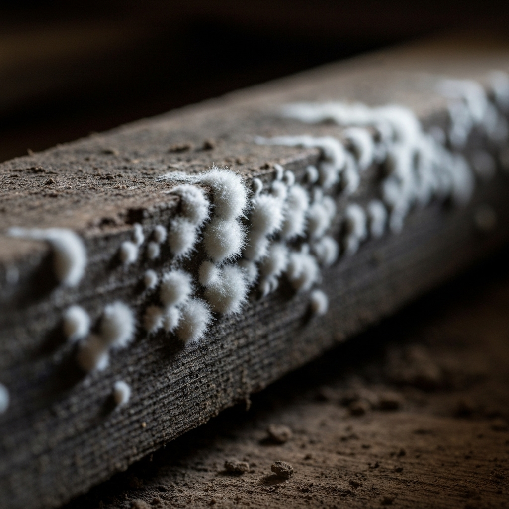 Close-up of white mold growing on a wooden joist in a dark crawlspace.