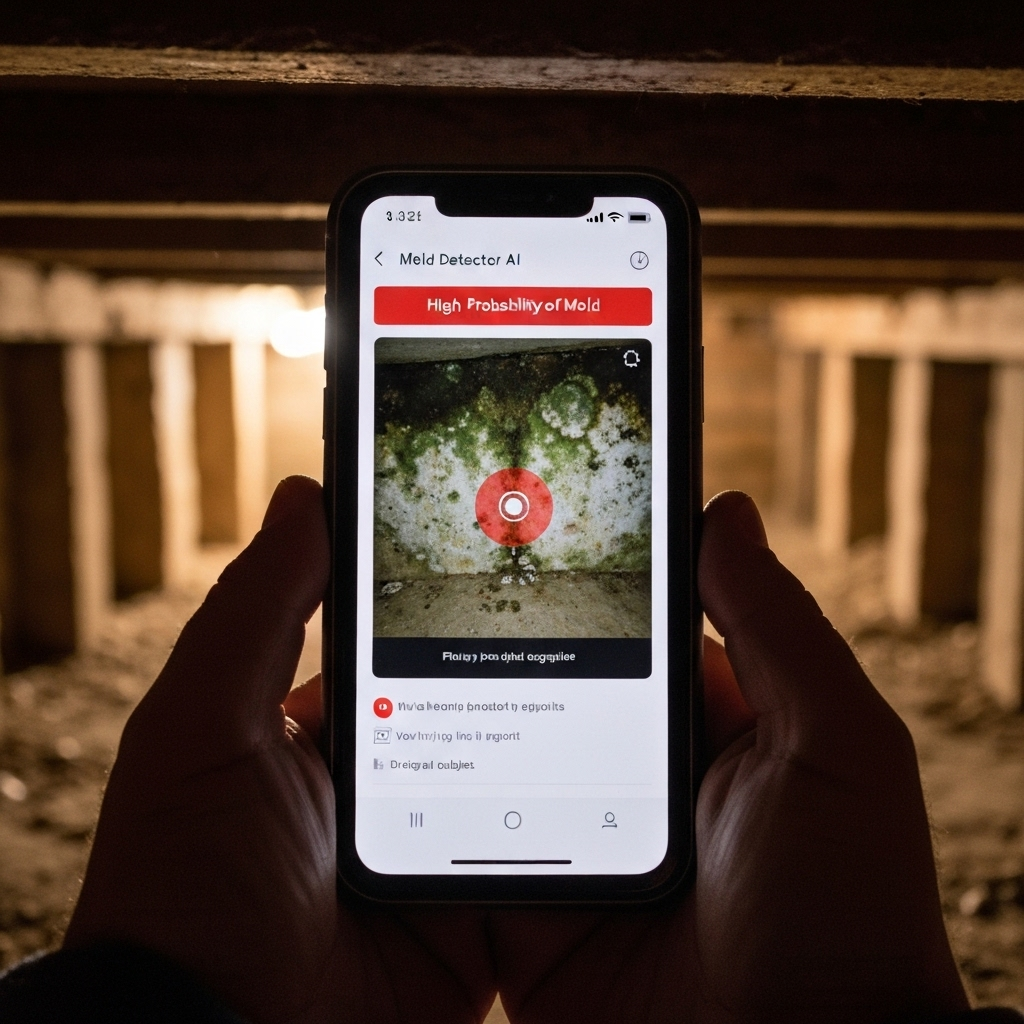 A smartphone displaying the Mold Detector AI app identifying mold from a user-submitted photo.