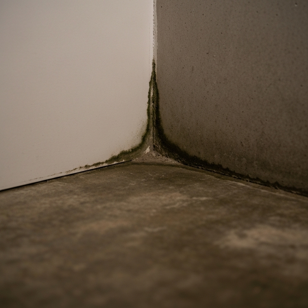 A dark, damp basement corner, a typical hotspot for mold growth.
