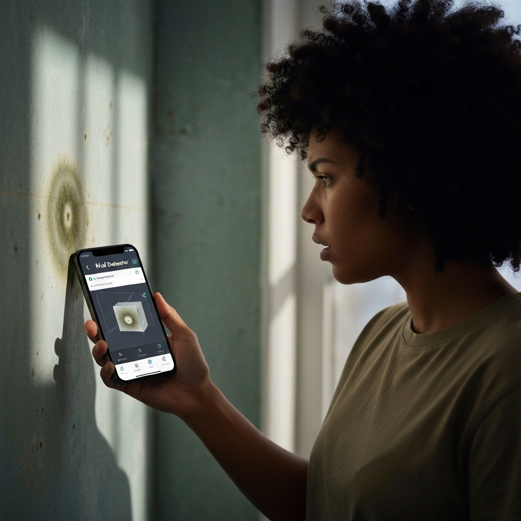 A homeowner using the Mold Detector AI app on their phone to identify a spot on the wall.
