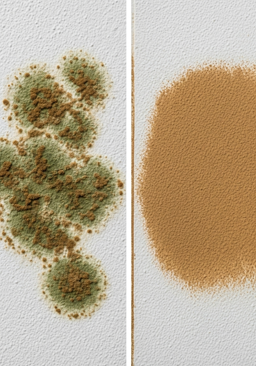 A comparison image showing the difference between fuzzy mold and a flat dirt smudge on a wall.