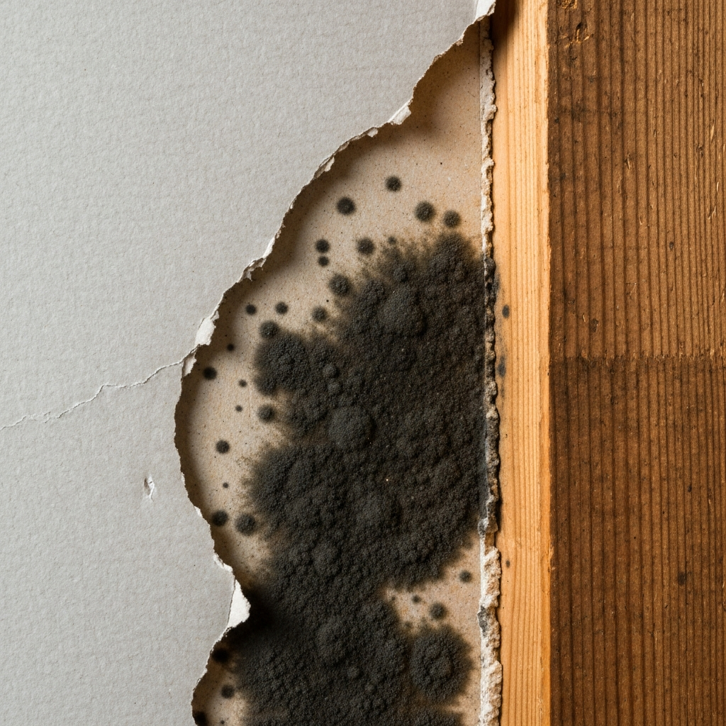 The inside of a wall showing extensive mold growth on drywall and a wood stud, indicating a serious issue.