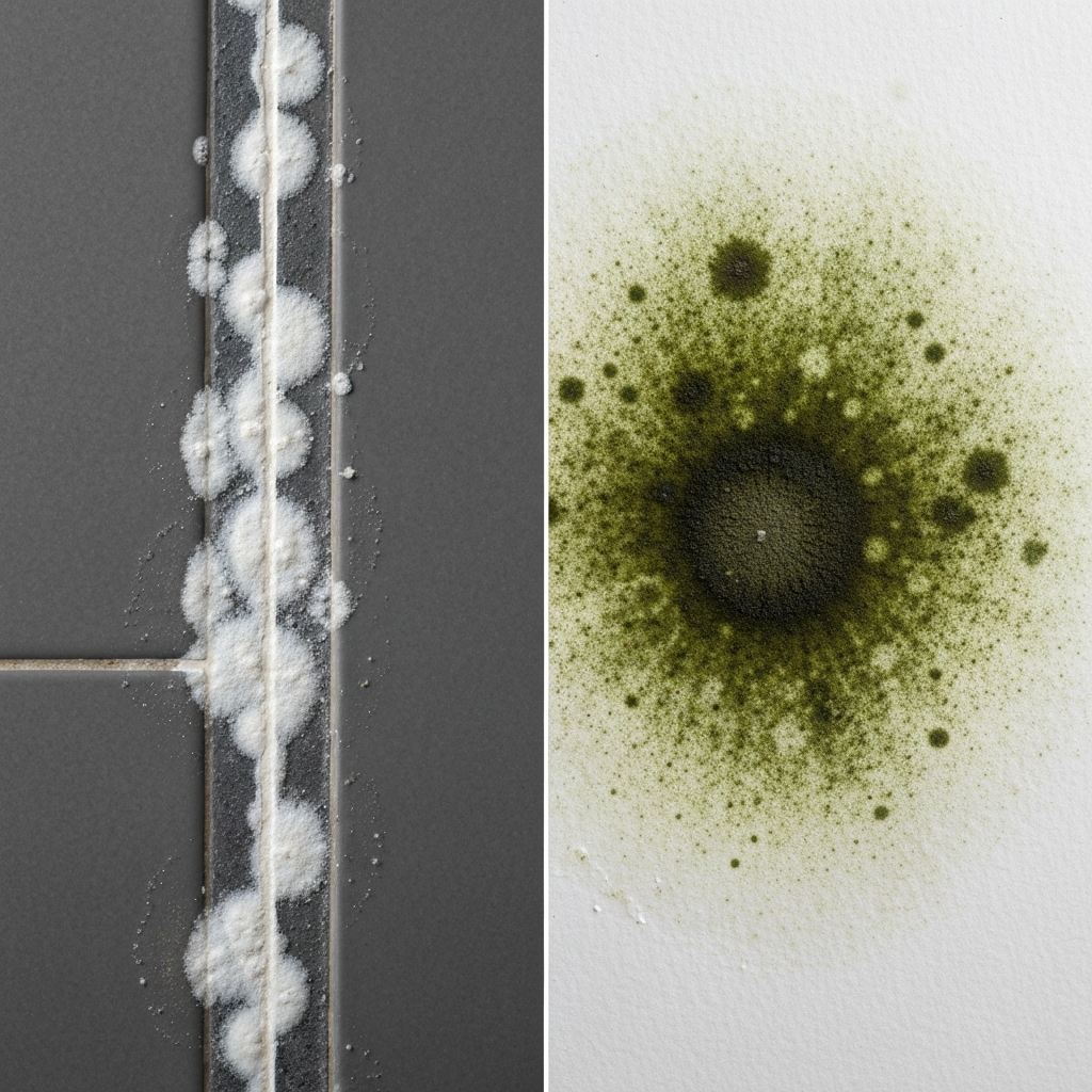 A comparison image showing white, powdery mildew on a shower tile versus black, fuzzy mold on drywall.