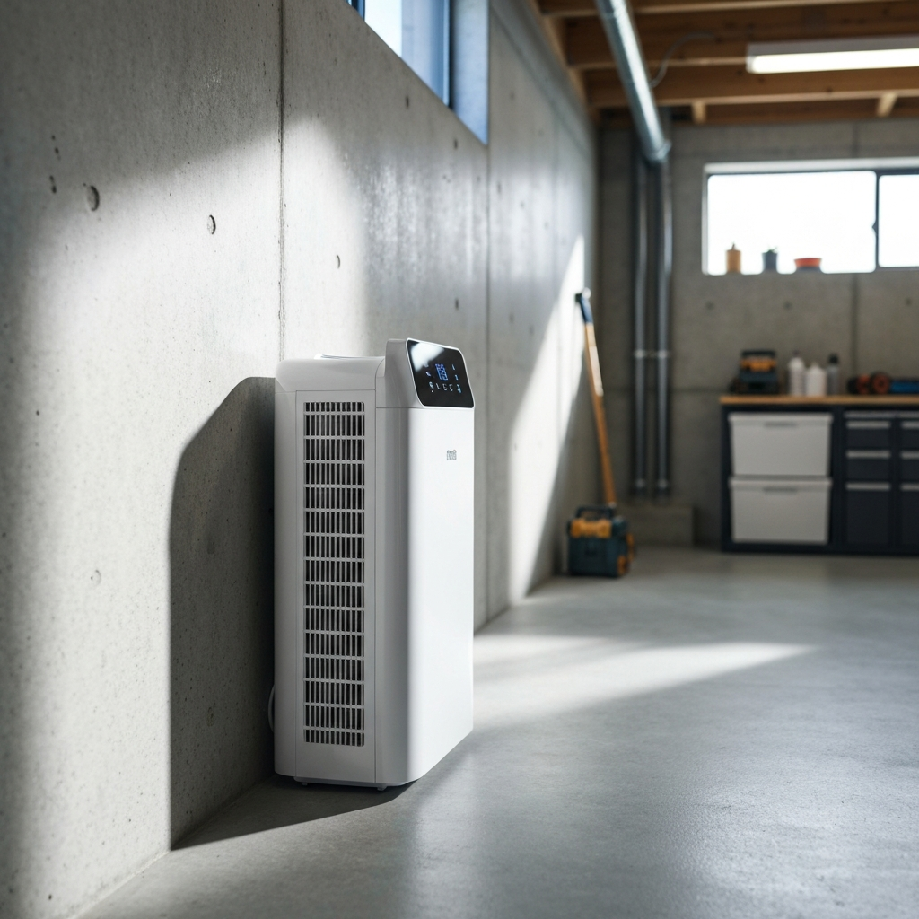 A dehumidifier running in a clean basement to control moisture and prevent mold growth.