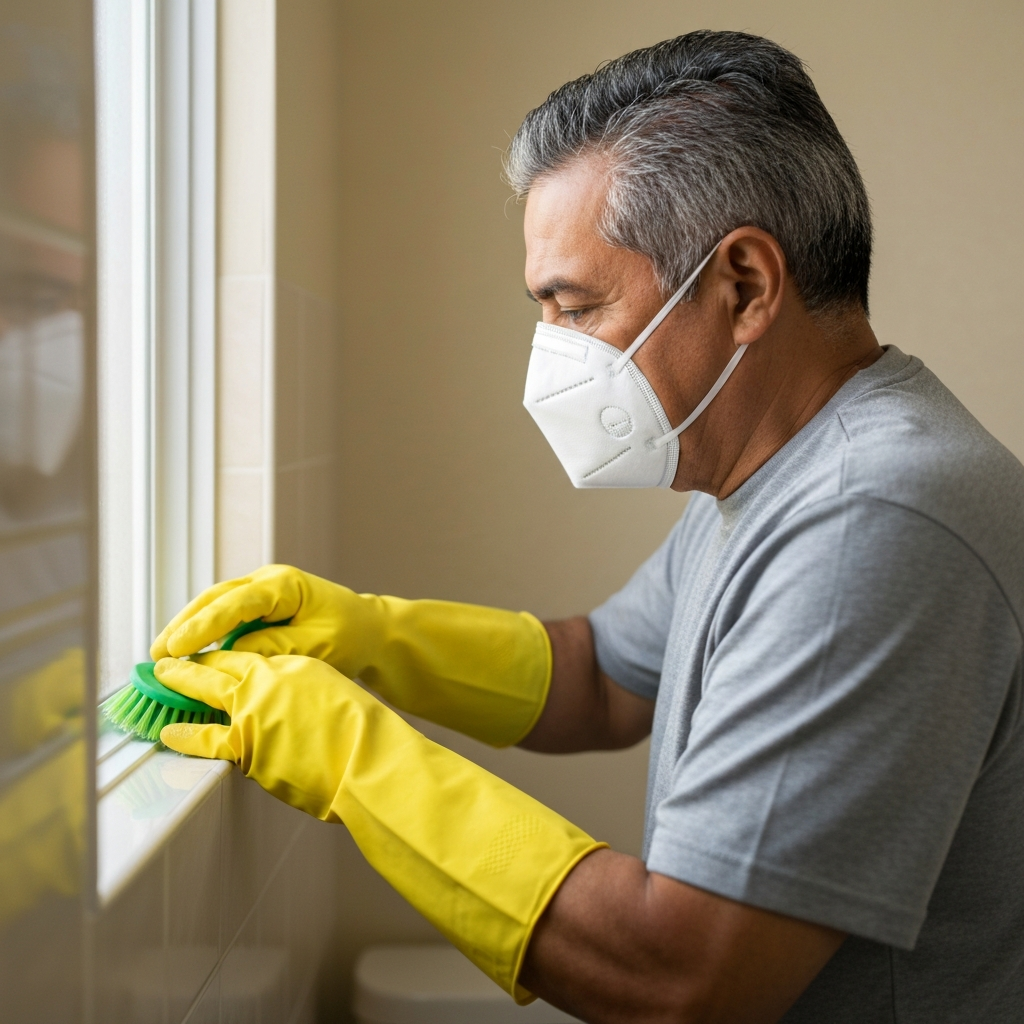A homeowner wearing protective gloves and a mask safely cleaning mold from a window sill.
