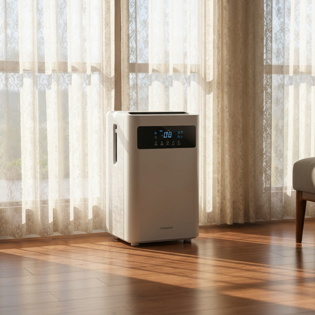 A modern dehumidifier running in a living room to control indoor humidity and prevent window sill mold.