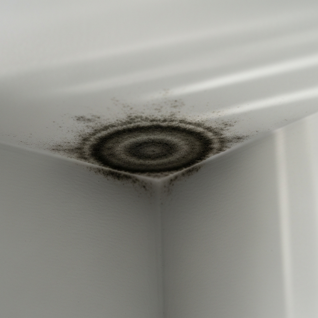 Dark mold spot on a bedroom ceiling corner above a headboard.