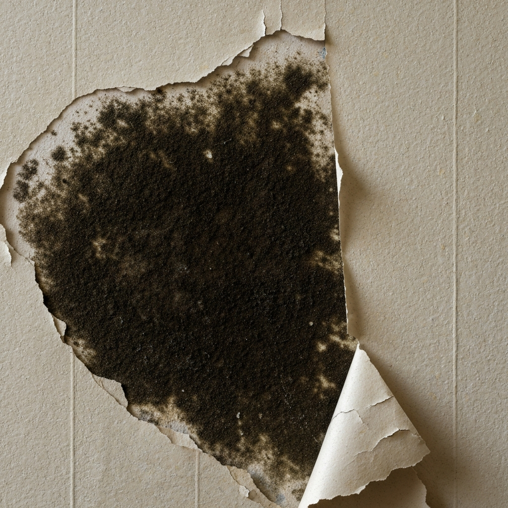 Hidden mold found on a wall behind peeling, water-damaged wallpaper.