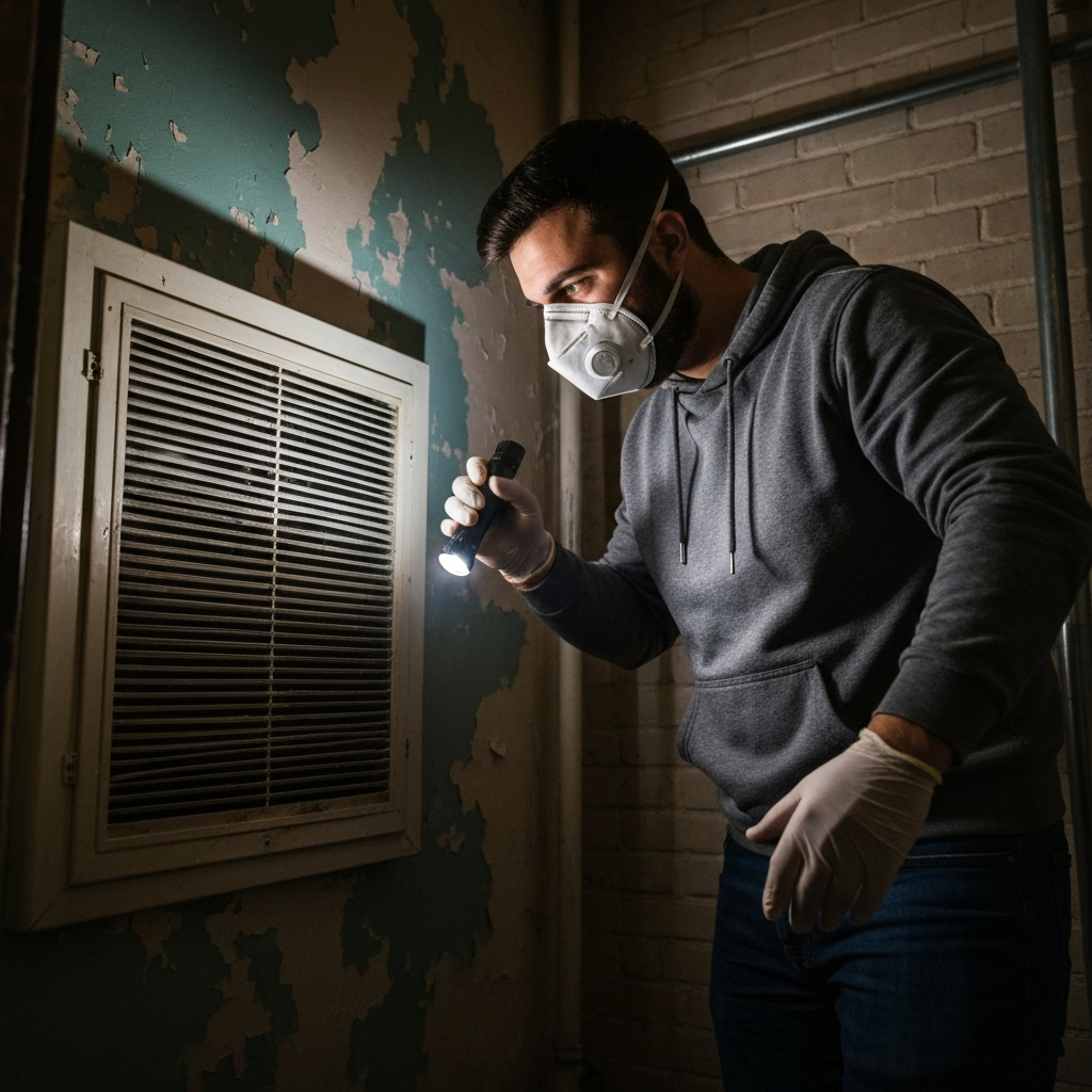 A homeowner safely inspecting an HVAC air vent for hidden mold growth.