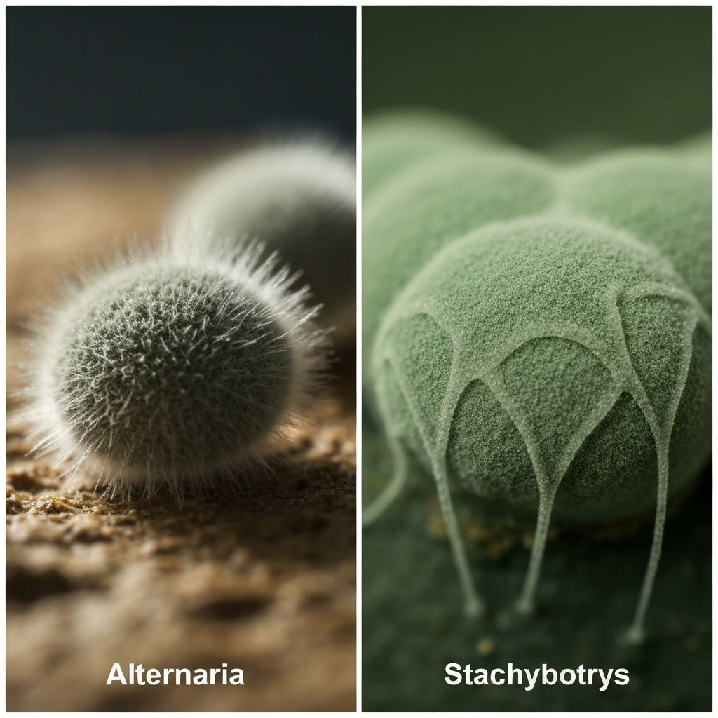 Comparison of black mold lookalikes, with slimy Stachybotrys on the left and fuzzy Alternaria mold on the right.