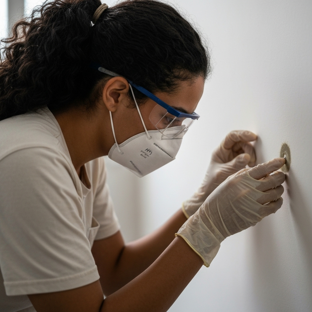 A homeowner wearing proper safety gear (mask, gloves, goggles) while inspecting for mold.