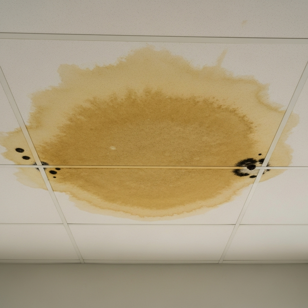 A water stain on a ceiling tile which has led to the growth of ceiling mold.